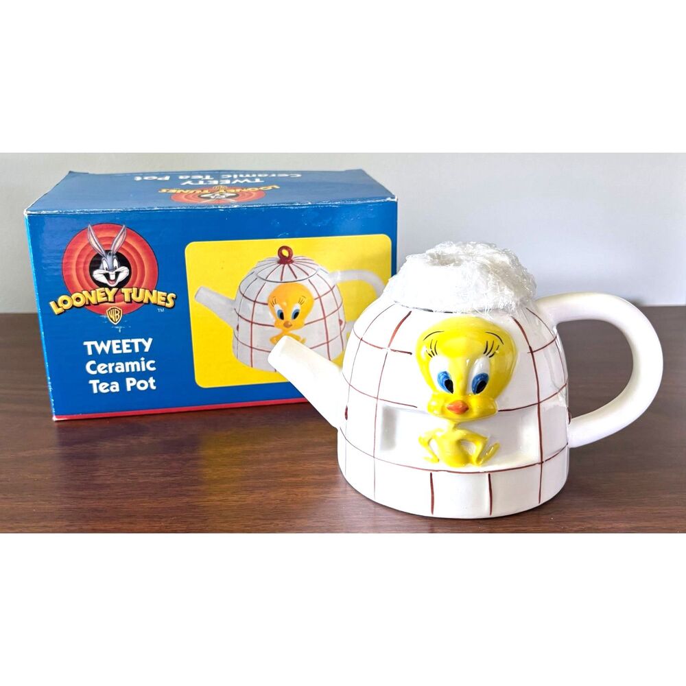 VTG Looney Tunes Tweety Bird Ceramic TeaPot Original Box Birdcage Warner Bro NOS